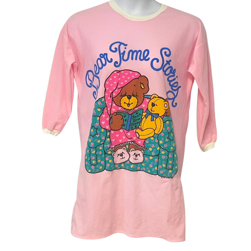 Vtg 1991 Night Star OSFM Nightgown Bear Time Pink Nylon Flannel Sleepwear CUTE!